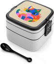 Stackable Double-Layer Bento Box Colorful Cats Adults Lunchbox With Spoon Cute Japanese Bento Box Dishwasher Safe for Work Travel Dining Outc