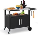 Outvita Outdoor Grill Cart with Storage, Bar Patio Kitchen Island Outdoor Grill Table, BBQ Cart Movable Pizza Oven Table Stand with Wheels, Stainless Steel Top, Side Handle & Storage Cabinet, Foldable