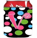 Caroline's Treasures CJ1038-VCC Letter V Initial Monogram - Polkadots and Pink Can or Bottle Hugger Cooler Washable Drink Sleeve Collapsible Beverage Insulated Holder, Can Hugger, Multicolor