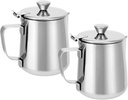QWORK Stainless Steel Coffee Mug Milk Frothing Pitcher with Lid, 350ML, Dripless Spout, Ergonomic Handle, For Latte Coffee Art, Office and Kitchen, 2 Pcs