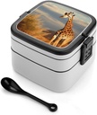 Adult Double-Layer Bento Box Giraffe Animals Of Africa Portable Lunch Box with Spoon And Invisible Handle Leakproof Microwave-Safe Food Container for Work Travel Camping