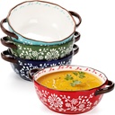 4 Pack Ceramic Soup Bowls with Handles, 24 Oz French Onion Crocks, Assorted Stackable Serving Bowl for Chili, Soup, Stew, Cereal, Microwave and Oven Safe, 4 Color