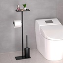 Modern Free Standing Toilet Paper Holder, Black Metal Storage Stand with Shelf, Detachable Brush Holder, Bathroom Tissue Roll Organizer