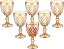 Vintage Wine Glasses Set of 6, 10 Ounce Colored Glass Water Goblets, Unique Embossed Pattern High Clear Stemmed Glassware Wedding Party Bar Glass Drinking Cups Diamond Amber