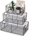 Honeydak 3 Set Wire Basket for Organizing with Wooden Handle Vintage Style Rectangle Mesh Metal Basket Food Storage Organizer for Home Kitchen Pantry Bathroom Picnic Cabinets(Black)