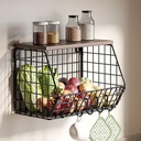 Hanging Wall Fruit Basket For Kitchen Counter, Stackable Wall Mounted Fruit Basket Of Smooth Wood Lid With 4 Banana Hanger Hooks, Metal Kitchen Counter Organizer For Snack, Fruit And Vegetable Storage