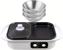Electric Shabu Hot Pot & Barbecue Frying Pan with Distributor + 3 Salad Bowls, Electric Contact Grills Non-stick Multi-Cookers 1300w Hot Pot Barbecue Integrated Pot,White
