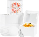 JCD 48pcs Cake Boxes 8x8x5in with Window,White 8 inch Cake Boxes with Boards for Pastries,Cupcakes,Cookies, Pie, Muffins and Donuts(24 Boxes &24 Boards & Stickers & ribbon) (8 * 8 * 5inch/24sets)
