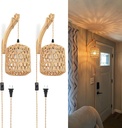Frideko Plug in Wall Sconces Set of Two Hand Woven Lamp with Cord Rattan Lights Farmhouse Sconce Mounted Light Boho Lighting for Bedroom Living Room
