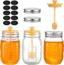 TANGLONG Honey Jar with Dipper and Lid, 16oz Honey Pot Set of 3, Syrup Storage Jars with Lids, Syrup Dispenser for Home Kitchen
