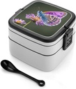 Lovely Purple Butterfly Bento Box Double Layer Lunch Box for Adults with Spoon And Handle Stackable Lunchbox Leakproof Lunch Container for Work Picnic Travel