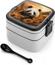 Panda And Sunflower Bento Box 1000ml Leak Proof Lunch Container with Removable Dividers & Spoon - BPA-Free PP Stackable Lunch Box for Work, Office, Picnic, Travel, Dining Out