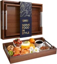Set of 2 Decorative Serving Trays - Bamboo + Silver Stainless Steel Handles - Coffee Table or Ottoman Tray for Breakfast in Bed Jewelry, Decor Organization - 12"x17" - Stained Brown Finish