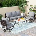 PHI VILLA 4 Piece Patio Furniture Sets for 5 Person with 1 x 3-Seat Deep Seating Bench, 2 x Cushioned Swivel Sofa Chairs & 1 x Coffee Table, Outdoor Metal Conversation Set for Lawn Garden,Grey