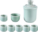 Sake Set Japanese Sake Pot Set Traditional Sake Cup Hand Painted Design Porcelain Pottery Ceramic Crafts Wine Glasses with Keep Warm Cup, 9 Piece,G