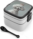 Adult Double-Layer Bento Box White Toy Poodle Portable Lunch Box with Spoon And Invisible Handle Leakproof Microwave-Safe Food Container for Work Travel Camping
