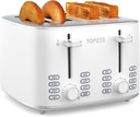 Topzee Toaster 4 Slice, Wide Slot for Toasting Bagel Muffin Waffle Gluten Free Breads, 7 Shade Settings, Defrost & Reheat,Dual Control Panel, Stainless Steel, Easy Clean, White
