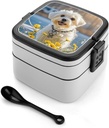 Adult Double-Layer Bento Box Maltese Dog Portable Lunch Box with Spoon And Invisible Handle Leakproof Microwave-Safe Food Container for Work Travel Camping