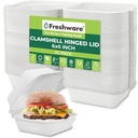 Freshware Compostable Clamshell Food Containers [6x6" 50-Pack], Biodegradable Sugarcane To Go Boxes - Heavy Duty Paper Containers - Microwave & Freezer Safe, Stackable