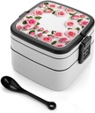 Flowers Surrounded Bento Box Adult Lunch Box All-in-One Lunch Containers with Removable Compartments Double Layer Bento Lunch Box with Spoon And Handle Stackable Lunchbox
