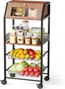 Rolling Kitchen Cart with Bread Box and 2 Pull-Out Wire Baskets - 4-Tier Storage Cart on Wheels with Lockable Casters, Wood Top and Metal Frame for Kitchen, Bathroom, and Pantry (Brown)