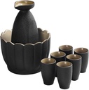 9 Piece Japanese Sake Set, Black Glaze Wine Glasses Set with Warmer Pot and Candle Stove, Quaint Texture, for Warm/Cold Sake Service Best Gift for Family and Friends-Dinnerware Sets