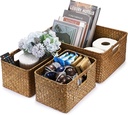 Set of 3 Natural Wicker Basket, Handwoven Seagrass Basket, Storage Bins Home Organizer Bins - Household Organizer Box for Living Room, Bathroom, Bedroom (1 Large, 2 Small, Caramel)