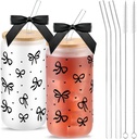 2 Sets 16oz Coquette Aesthetic Bow Glass Cup with Lids and Straws for Christmas Mom Teacher Gifts Cute Bow Glass Coffee Cups Reusable Smoothie Tumbler Decor Gifts for Women Coworkers (Black)