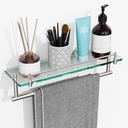 Floating Tempered Glass Bathroom Shelf with Towel Bar - Brushed Nickel & Stainless Steel, Wall Mount 16 Inch