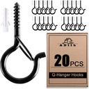 ADIIL 20 PCS Q Hanger Hooks with Safety Buckle, Windproof Screw Hooks for Hanging Outdoor String Lights, Plants, Christmas Patio Lights, 2.2 Inches, Black