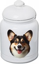 Best of Breed Corgi Pembroke Welsh Tri Dog and Cat Ceramic Treat Jar 9" Tall Air Tight Seal All White