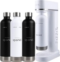 Fizzit Spärklï Carbonated Water Soda Maker in White with 2 Black Stainless Steel Bottles & 1 White Stainless Steel Bottle