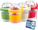 Crystalia Yogurt Parfait Cups with Lids, Mini Breakfast On the Go Plastic Bowls with Topping Cereal Oatmeal Container with Spoon for Lunch, Portable & Reusable, Colorful Set of 4 (Small 17 oz)