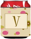 Caroline's Treasures CJ1004-VCC Letter V Initial Monogram - Tan Dots Can or Bottle Hugger Cooler Washable Drink Sleeve Collapsible Beverage Insulated Holder, Can Hugger, Multicolor