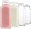 kitchentoolz 16oz Square Glass Milk Bottles with Airtight Plastic Lids – Pack of 4 | Reusable Milk Containers for Fridge & Lunchbox Storage – Ideal for Dairy, Smoothies, Juice, Water & More