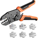 Preciva 6 PCS Crimping Tool Set, Ratcheting Wire Crimper Tool for Heat Shrink,Insulated Nylon,Non-Insulated Connectors,Open Barrel,Ferrule Terminals,Solar Connectors