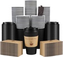 100 Pack 16 oz Coffee Cups with Lids, Disposable To Go Paper Coffee Cups with Sleeves and Stirring Sticks for Hot/Cold Drinks Office Home Shop Event (Black)