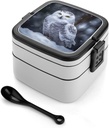 Arctic Owl Bento Box Double-Layer Bento Lunch Container with Spoon And Invisible Handle Adult Leak-Proof Lunchbox for Dining Out Work Picnics Travel