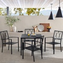 5 Piece Outdoor Dining Set, Patio Dining Set for 4, 35.5" Black Sqaure Table with 4 Black Metal Outdoor Dining Chairs with Armrest for Lawn, Garden, or Porch