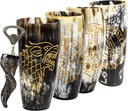 Viking Drinking Horn Mugs Set of 4,100% Authentic, Unique, Handmade Natural Ox Horn Shot Glasses| 10oz Cool Unique Tumbler, Beer Gift for Men and Women, Goblet| Mediaeval Stein for Ale, Mead, Whisky…