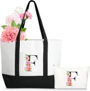 Initial Canvas Tote Bag for Women - Letter Makeup Bag Present for Mother Birthday Wedding Shopping Travel Beach