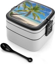 Adult Double-Layer Bento Box Tropical Palm Tree Portable Lunch Box with Spoon And Invisible Handle Leakproof Microwave-Safe Food Container for Work Travel Camping