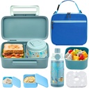 PIQUEBAR Bento Lunch Box for Kids with Thermo Ice Pack Lunch Food Container Insulated Bag, 18oz Plastic Sport Water Bottle for Kid Girls Boys (T-Blue Sea)