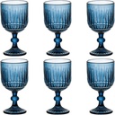 Blue Glasses Drinking Wine Water Goblets set of 6 Colored Stemware Vintage Glassware 11 ounce for Wedding Party Bar Vertical Embossed Pattern Stemmed Cups 330 ml