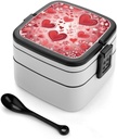 Stackable Double-Layer Bento Box Valentine Pattern Adults Lunchbox With Spoon Cute Japanese Bento Box Dishwasher Safe for Work Travel Dining Outc
