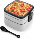 Spaghetti Pasta Noodles Tomato Sauce Stackable Bento Box for Adults Double Layer Lunch Boxes Set with Spoon And Invisible Handle