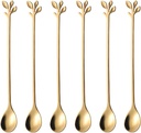 AnSaw 6.5" Elegant Leaf-Design Gold Coffee & Tea Spoons Set of 6- Long Handle Stainless Steel Stirring Spoons for Espresso, Iced Tea - Ideal Coffee Bar Accessories