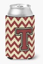 Caroline's Treasures CJ1061-TCC Letter T Chevron Maroon and Gold Can or Bottle Hugger Cooler Washable Drink Sleeve Collapsible Beverage Insulated Holder, Can Hugger, Multicolor