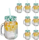 Relaxdays Set of 8 Drinking Glasses, Lids and Straws, Cacti Motif, 500 ml, Summer, Lemonade Jars with Handle, Colourful, 19 x 11 x 8 cm