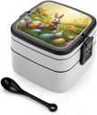 All-in-One Bento Box Stackable Leak-Proof Lunch Box With Carry Handle 2 Layer Portable Meal Prep Container Happy Easter Day Lunchbox with Utensils for Dining Out Work